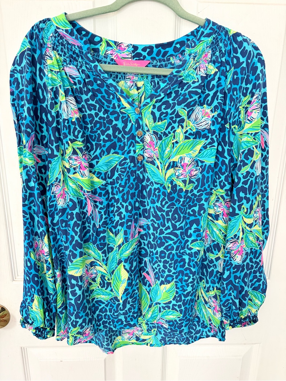 Lilly Pulitzer Turquoise Floral-Print Long Sleeve Blouse